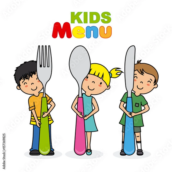Fototapeta kids menu. Children with knife, spoon and fork