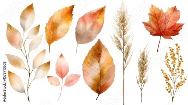 Fototapeta Soft delicate watercolor of various autumn leaves and dried wheat with a transparent background creating a serene and natural seasonal aesthetic