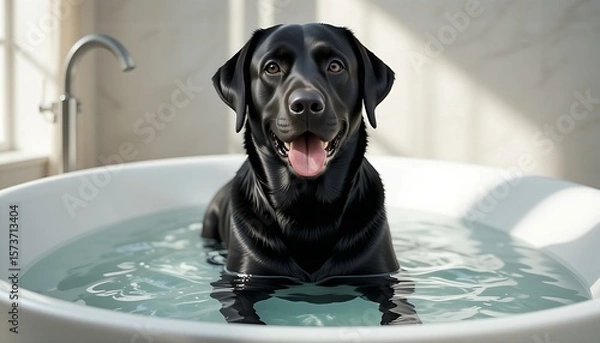 Fototapeta A happy black Labrador Retriever dog stands submerged in a bathtub filled with water, looking directly at the camera with a joyful, panting expression. The bright lighting highlights its glossy fur 
