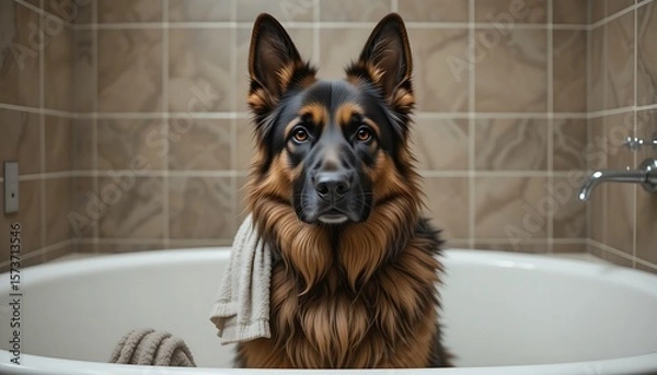 Fototapeta A majestic German Shepherd dog is sitting attentively in a white bathtub, draped with a grey towel, looking directly at the camera.