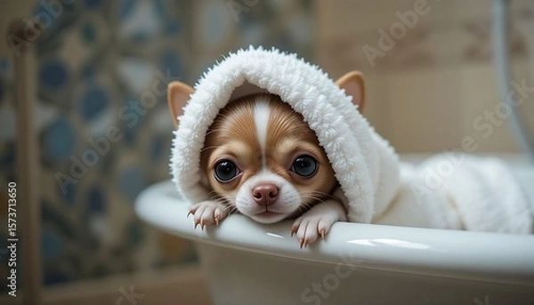 Fototapeta A tiny, adorable Chihuahua puppy is wrapped in a white towel, with only its head visible, resting comfortably in a white bathtub or sink.