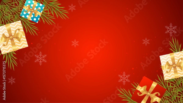 Fototapeta Red Christmas background with presents, snowflakes, and pine branches. Perfect for holiday cards, invitations, and festive social media posts.