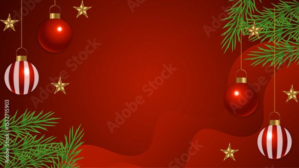 Obraz Red holiday background with stars, ornaments, and pine branches is ideal for festive designs, greeting cards, social media posts, and Christmas themed projects.