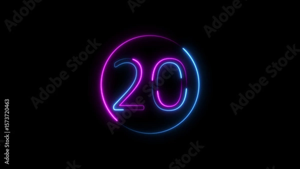 Fototapeta Neon number twenty glowing inside a glowing circle on a black background