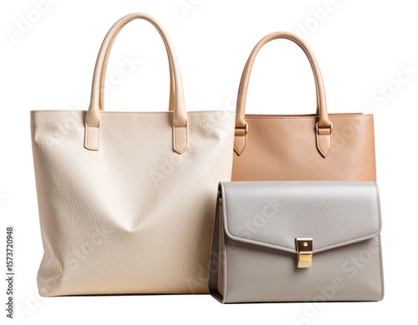 Fototapeta Front View of Beige Textured Tote Bag with Gray Clutch Set, Transparent PNG