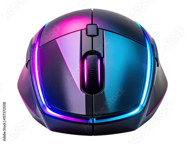 Fototapeta Front View of Black and Pink Gaming Mouse with RGB Glow, Transparent PNG