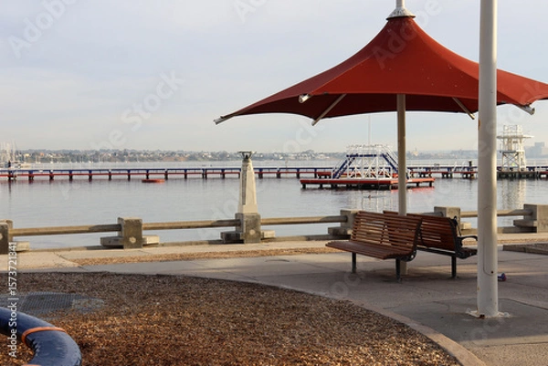 Obraz beach landscape with pier and umbrellas at eastern beach Geelong
