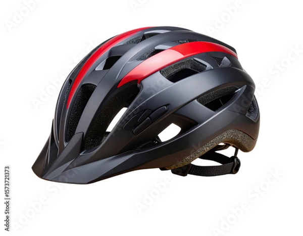 Fototapeta Front View of Black Bike Helmet with Bold Red Stripe on Wooden Shelf, Transparent PNG