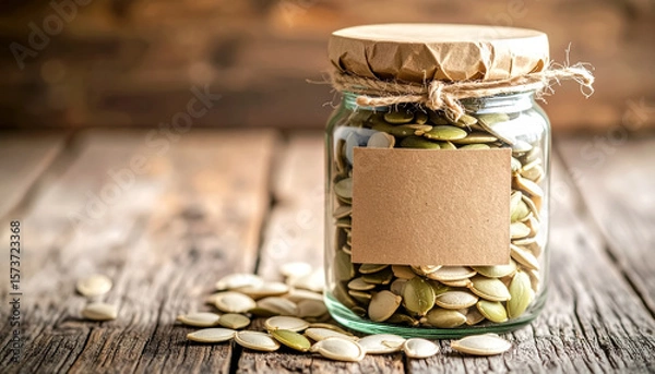 Fototapeta Macro shot of pumpkin seeds inside a clear glass jar with kraft paper label