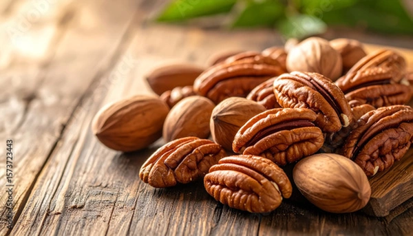 Fototapeta Close-up of shelled and unshelled pecan nuts arranged on a wooden board