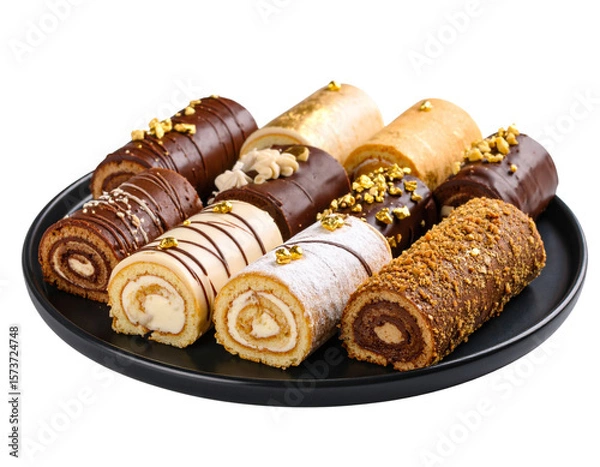 Fototapeta Front View of Rolled Chocolate and Vanilla Pastries with Gold Leaf on Dark Plate, Transparent PNG