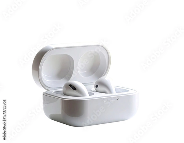 Fototapeta  Front View of Wireless Earbuds in Open Charging Case on Windowsill, Transparent PNG