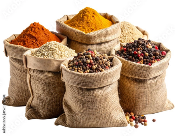 Fototapeta Macro Close-Up of Spices in Market Bags Showing Granular Texture and Color Variation, Transparent Background