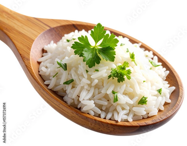 Fototapeta Macro Detail of Fluffy White Rice Grains with Herb Sprigs and Wooden Spoon Edge, Transparent Background