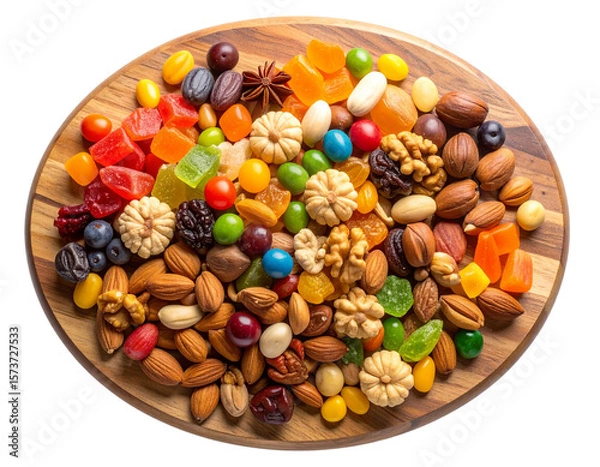 Fototapeta Top View of Assorted Colorful Candies and Nuts Spread on Wooden Board, Transparent PNG