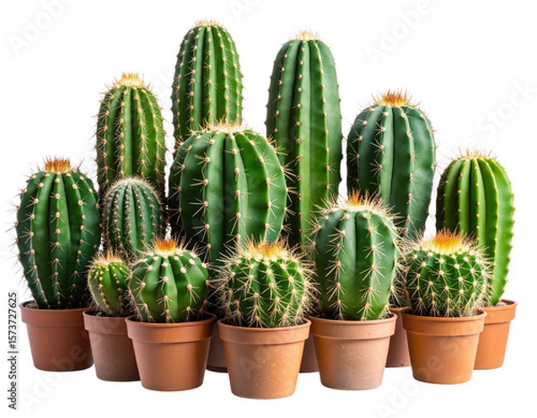 Fototapeta Side View of Grouped Green Cacti with Varied Shapes Against Dark Backdrop, Isolated PNG