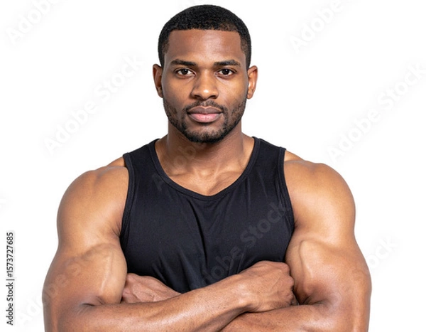 Obraz  Confident Muscular Man in Black Sleeveless Shirt with Arms Crossed, Direct Gaze, Isolated on Transparent Background PNG