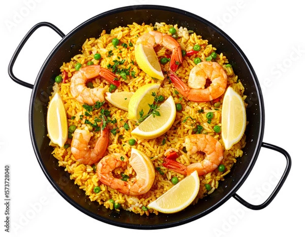 Fototapeta  Top-Down Closeup of Shrimp Paella with Lemon Wedges in Black Pan, Transparent PNG