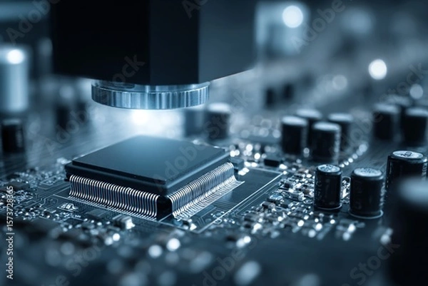 Fototapeta Inspecting a Microprocessor on a Circuit Board in a Laboratory Environment Technology Focus