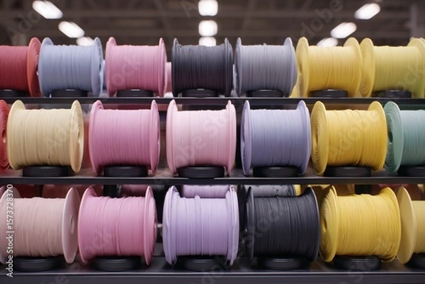 Fototapeta Colorful Spools of Thread Display Craft Store Product Photography Indoor Eye-Level Textile Art