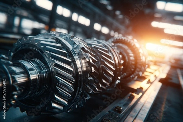 Fototapeta Industrial Machinery Gears in Factory Setting Close-Up View Engineering Concept