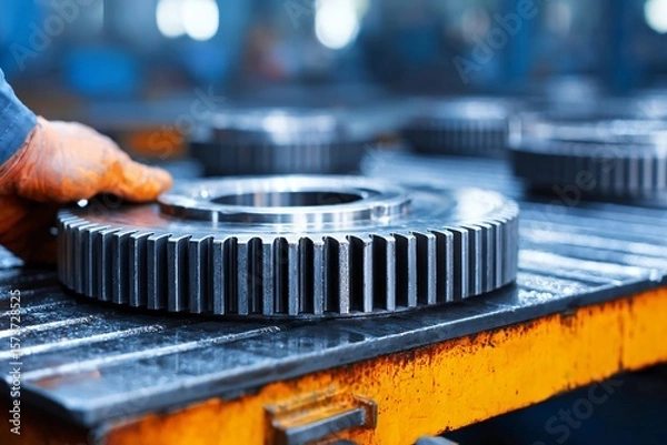 Fototapeta Industrial Worker Handling Precision Gears in Manufacturing Facility Close-Up View Mechanical Engineering