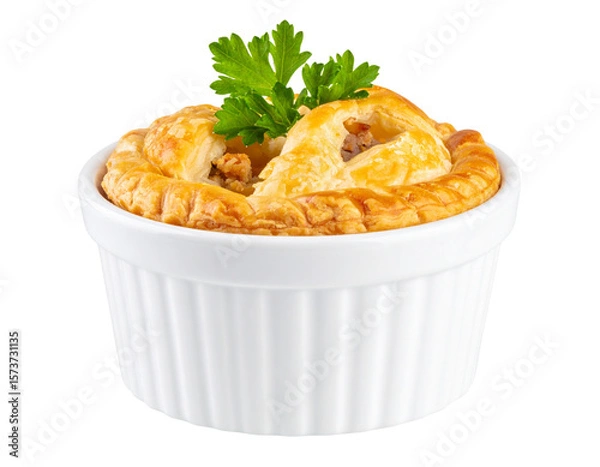 Obraz  Golden Baked Meat Pie with Flaky Puff Pastry in White Ramekin Garnished with Parsley, Isolated on Transparent Background PNG