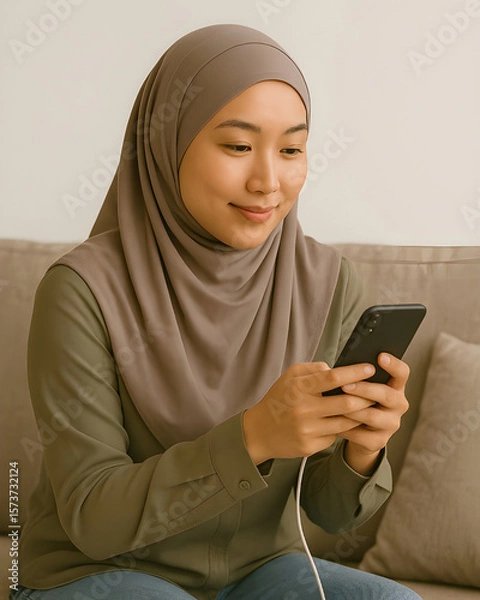 Fototapeta a Muslim woman sitting on a sofa using her cell phone while charging it at home