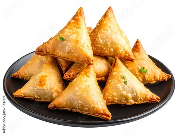 Obraz  Golden Crispy Fried Samosas Stacked on Black Plate, Isolated on Transparent Background PNG