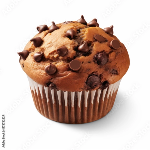 Obraz A chocolate chip muffin with a white paper liner on a transparent background