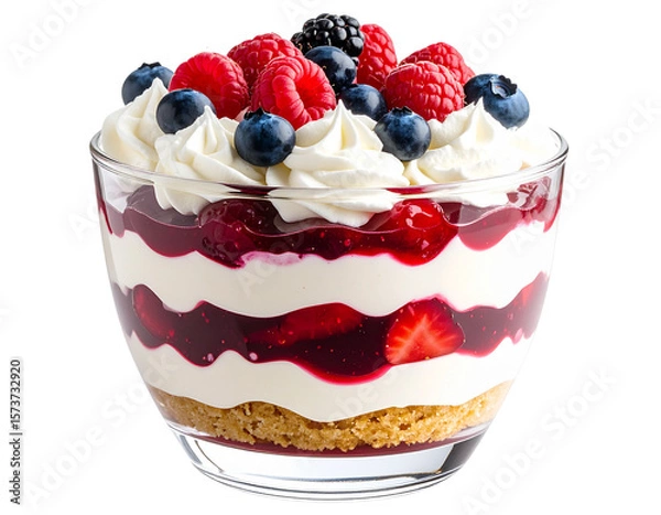 Obraz  Layered English Trifle with Custard, Jelly, and Berries in Clear Glass Bowl, Isolated on Transparent Background PNG