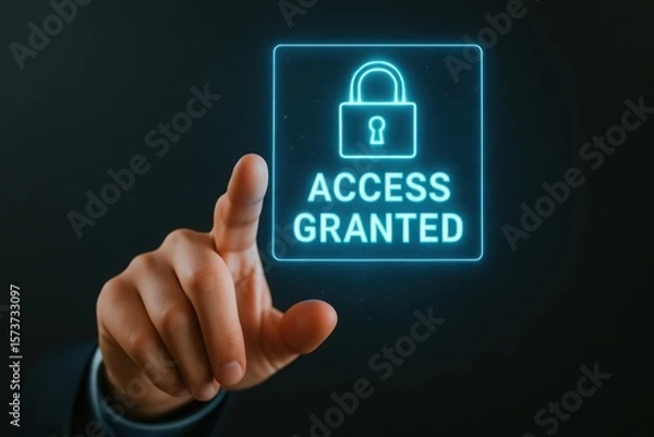 Fototapeta A hand touches a glowing blue digital screen displaying access granted with a lock icon, symbolizing security and authorization