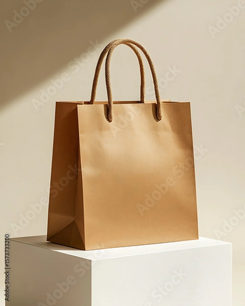 Fototapeta Kraft Paper Shopping Bag Displayed on White Cube Surface in Natural Light