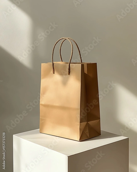 Fototapeta Minimalistic Kraft Paper Shopping Bag on White Cube in Neutral Lighting