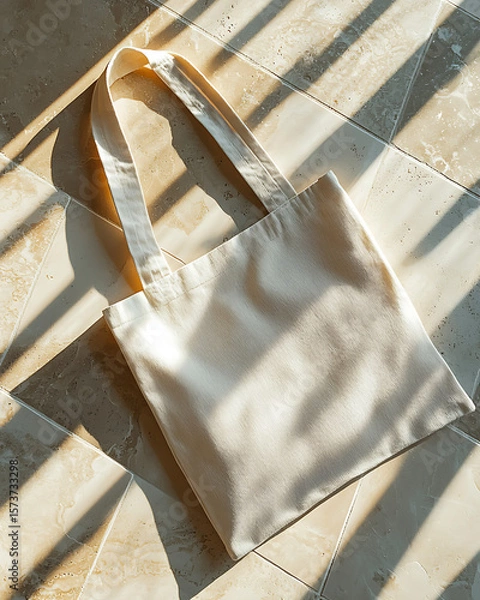 Fototapeta Eco-Friendly Cotton Tote Bag on Tiled Floor with Natural Sunlight Patterns