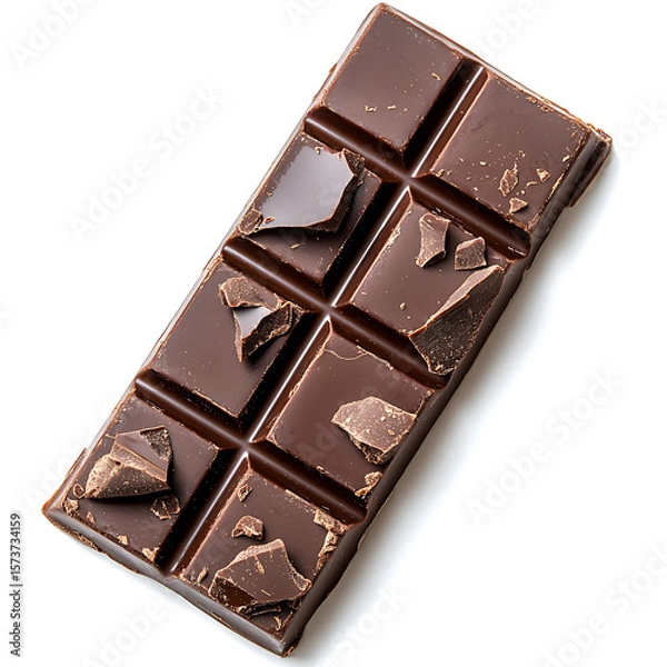 Fototapeta Delicious Dark Chocolate Bar with Irregular Broken Pieces Isolated on White