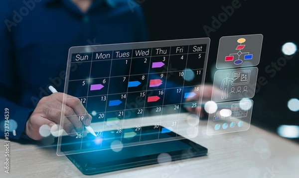 Fototapeta Online calendar concept, business contact, can control and manage time and events in advance, clearly define business direction and goals, strategy for contacting negotiating with business partners.