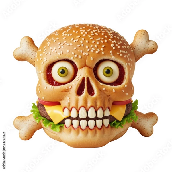 Fototapeta A cartoonish hamburger shaped like a skull with bones, representing unhealthy fast food and the dangers of junk food consumption.