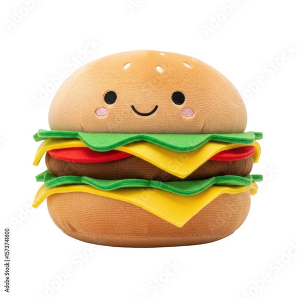 Fototapeta An adorable plush hamburger toy featuring a cheerful smiling face, soft fabric, and colorful layers of cheese, lettuce, and tomato, perfect for children or food themed designs.