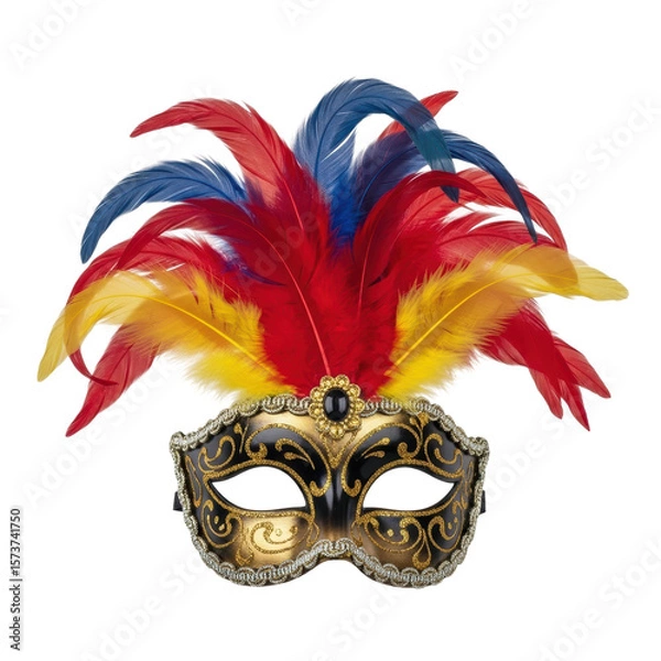 Fototapeta An ornate black and gold carnival mask featuring intricate gold detailing and a vibrant plume of red, yellow, and blue feathers. Ideal for festive celebrations.