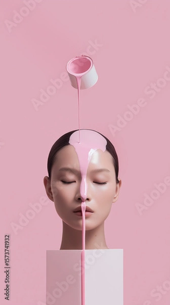 Obraz Surreal beauty concept with pink paint pouring over woman’s face and minimal background, room for copy text