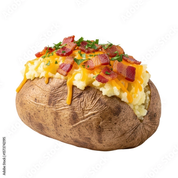 Fototapeta A warm, fluffy baked potato generously topped with melted cheddar cheese, crispy bacon bits, and fresh green herbs, ready to be enjoyed as a comforting side dish or meal.
