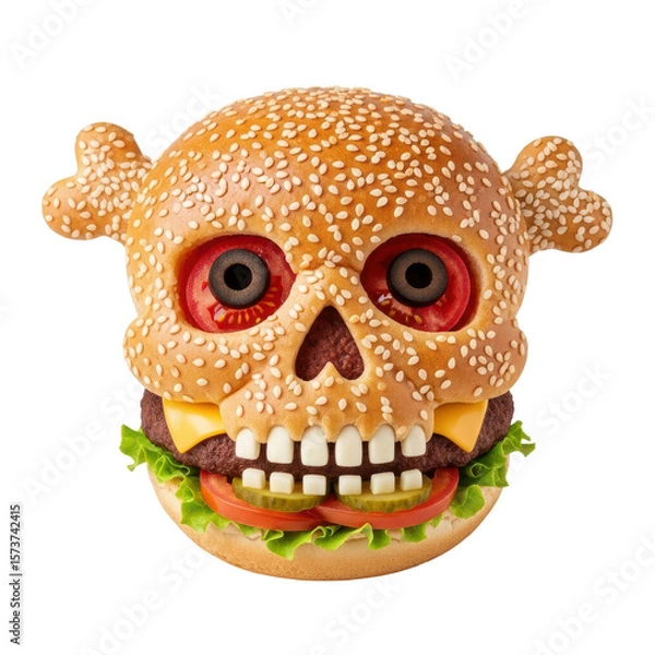 Fototapeta A unique halloween burger featuring a sesame seed bun shaped like a skull and crossbones, complete with red eyes and white teeth, filled with a patty, cheese, lettuce, tomatoes, and pickles.