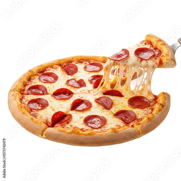 Fototapeta Pepperoni pizza with a slice being lifted. The melted cheese stretches and drips from the slice.