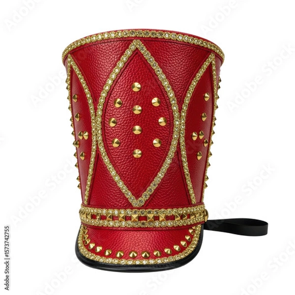 Fototapeta Red and gold drum major hat with studs. The hat is great for fashion or a costume.