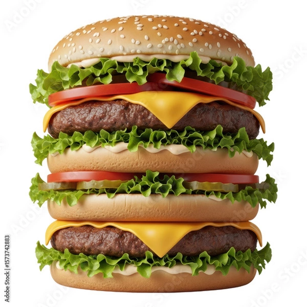 Fototapeta A tall, triple stacked cheeseburger with lettuce, tomato, pickles, cheese and sauce. Great for menus or food related designs.