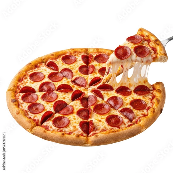 Fototapeta A mouthwatering pepperoni pizza with a slice being lifted, revealing strings of melted cheese. Perfect for food advertisements or restaurant menus.