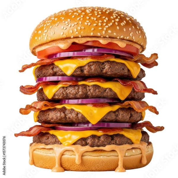 Fototapeta A towering triple cheeseburger with bacon, onion, and tomato. Perfect for food photography and menu design.