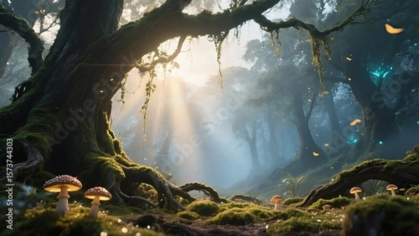Fototapeta A cinematic low-angle view of an enchanted forest at dawn.