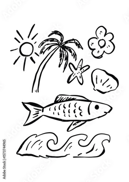 Obraz line drawing sardines fish illustration